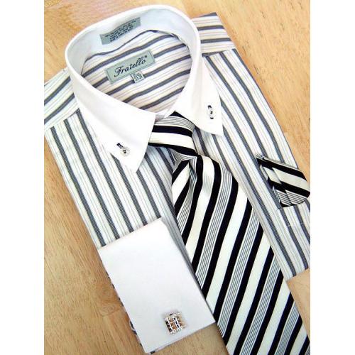 Fratello White/Black Stripes Shirt/Tie/Hanky Set DS3720P2